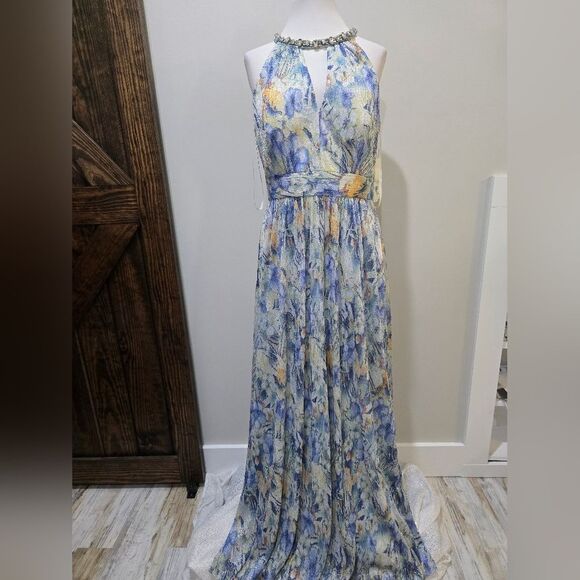 Eliza J Floral Cutout Rhinestone Halter Neck Gown NWT Size 12 Blue/Yellow - Picture 3 of 6